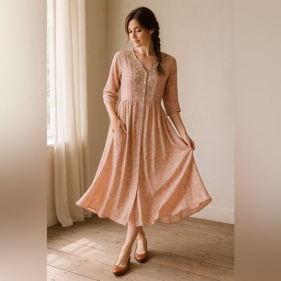 April Cornell Dresses & Skirts - APRIL CORNELL Vintage 90s Feminine Pink Button Down Floral Embroidered Dress